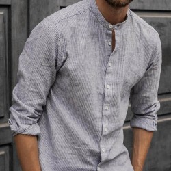 Men's loose sleeve cotton and linen shirt with stand collar HF0902-03-01